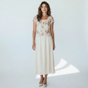 Studio C Floral Lace Chiffon Maxi Dress Womens Cream‎ Pink Excellent Scalloped